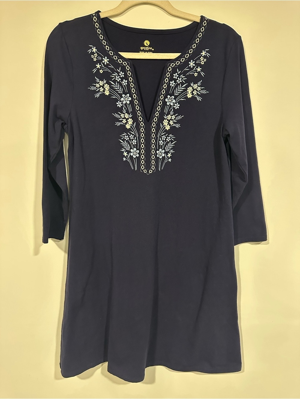 Spartina 449 Embroidered Jillian Split Neck Dress Size Small Navy Blue Floral
